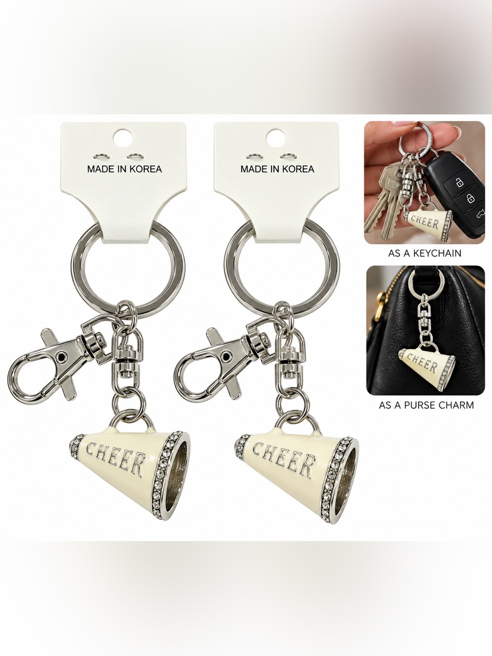 2 Cheer enamel Megaphone Keychain Charm Cream Silver purse bag cheerleader gift